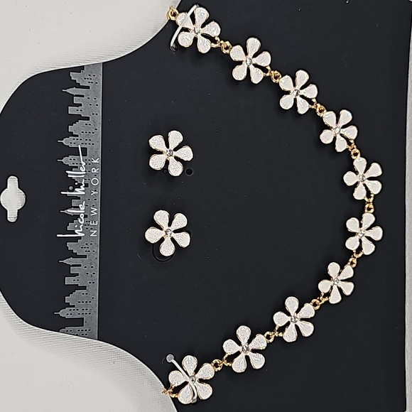 Nicole Miller Jewelry - Flower Petal Necklace & Earring Set in Shimmering Iridescent White w Crystal